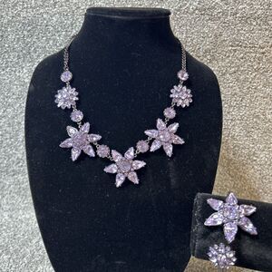 Lavender Purple Floral Rhinestone Necklace Choker & Matching Bracelet